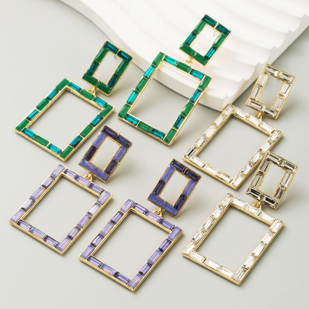 Exaggerated Geometric Green Earrings For Women With Alloy Ear Pins And Glass Inlay