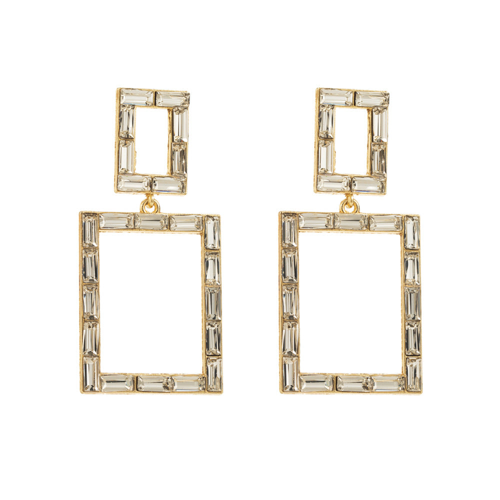 Exaggerated Geometric Green Earrings For Women With Alloy Ear Pins And Glass Inlay