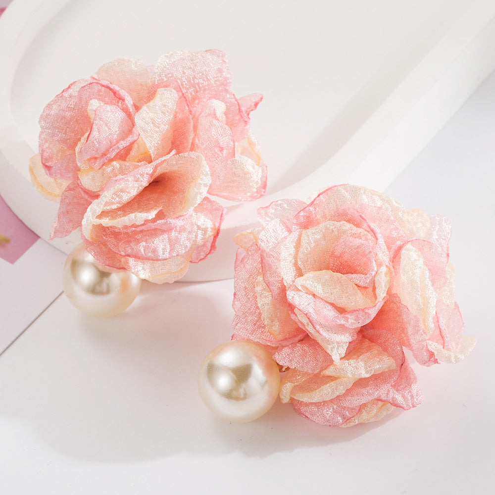 New Style Flowers Earrings For Women In Natural Pink Alloy With Artificial Pearl Inlay