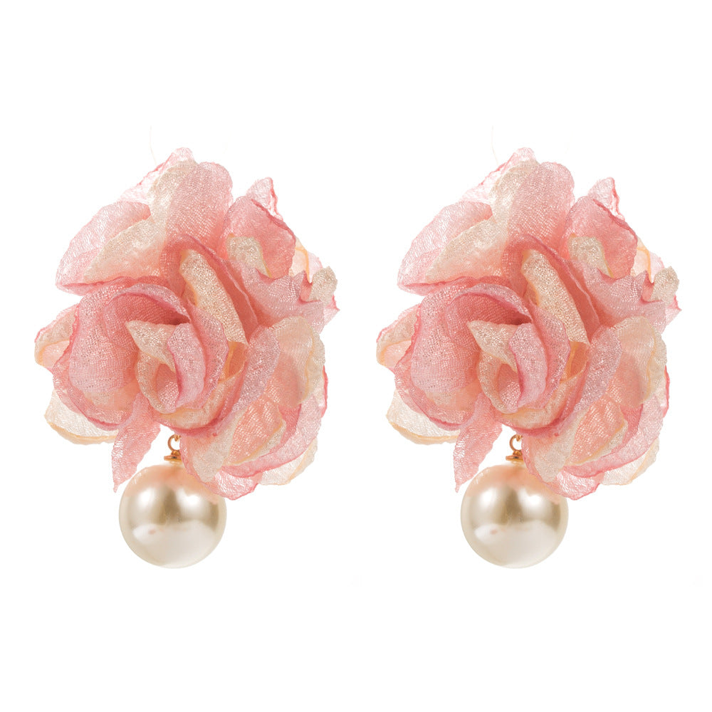New Style Flowers Earrings For Women In Natural Pink Alloy With Artificial Pearl Inlay