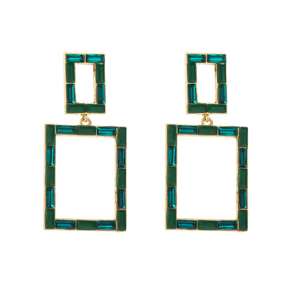 Exaggerated Geometric Green Earrings For Women With Alloy Ear Pins And Glass Inlay