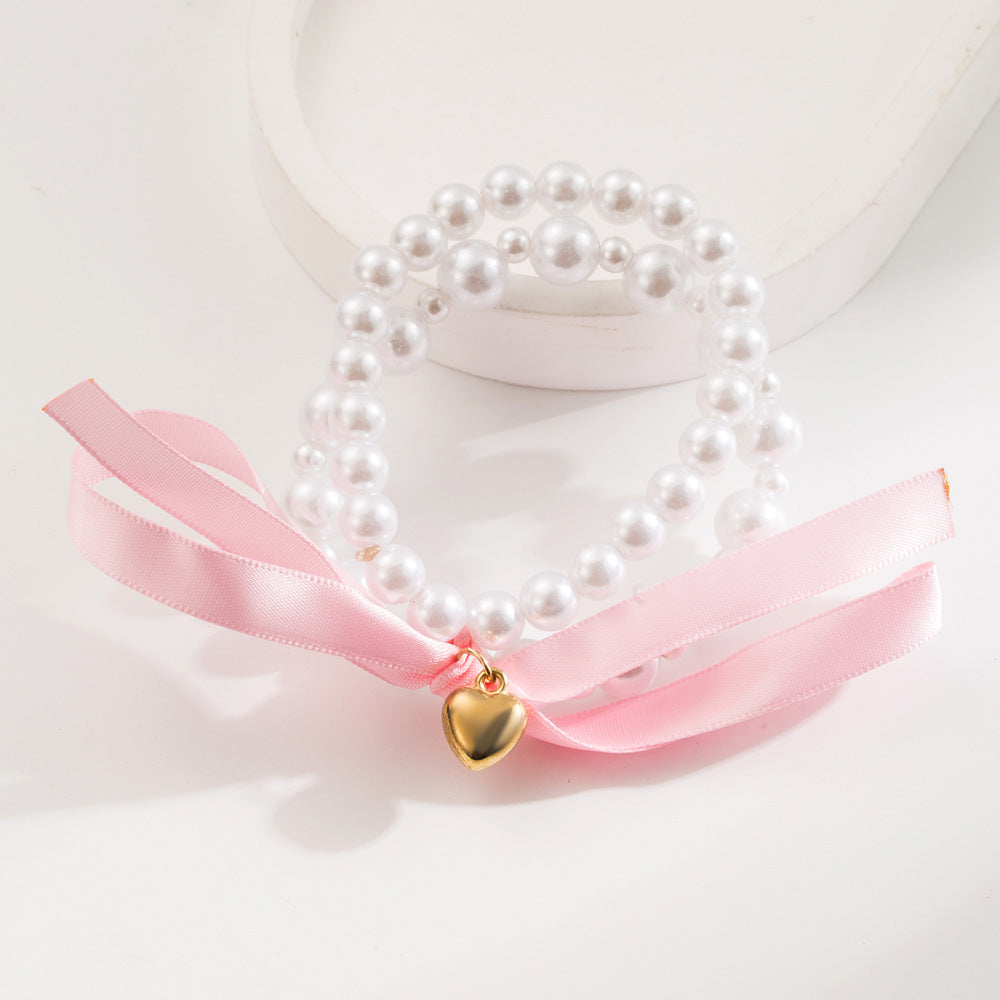New Style Heart Shape Elastic Hair Tie For Women With Artificial Pearl In Natural Pink, Perfect For Summer