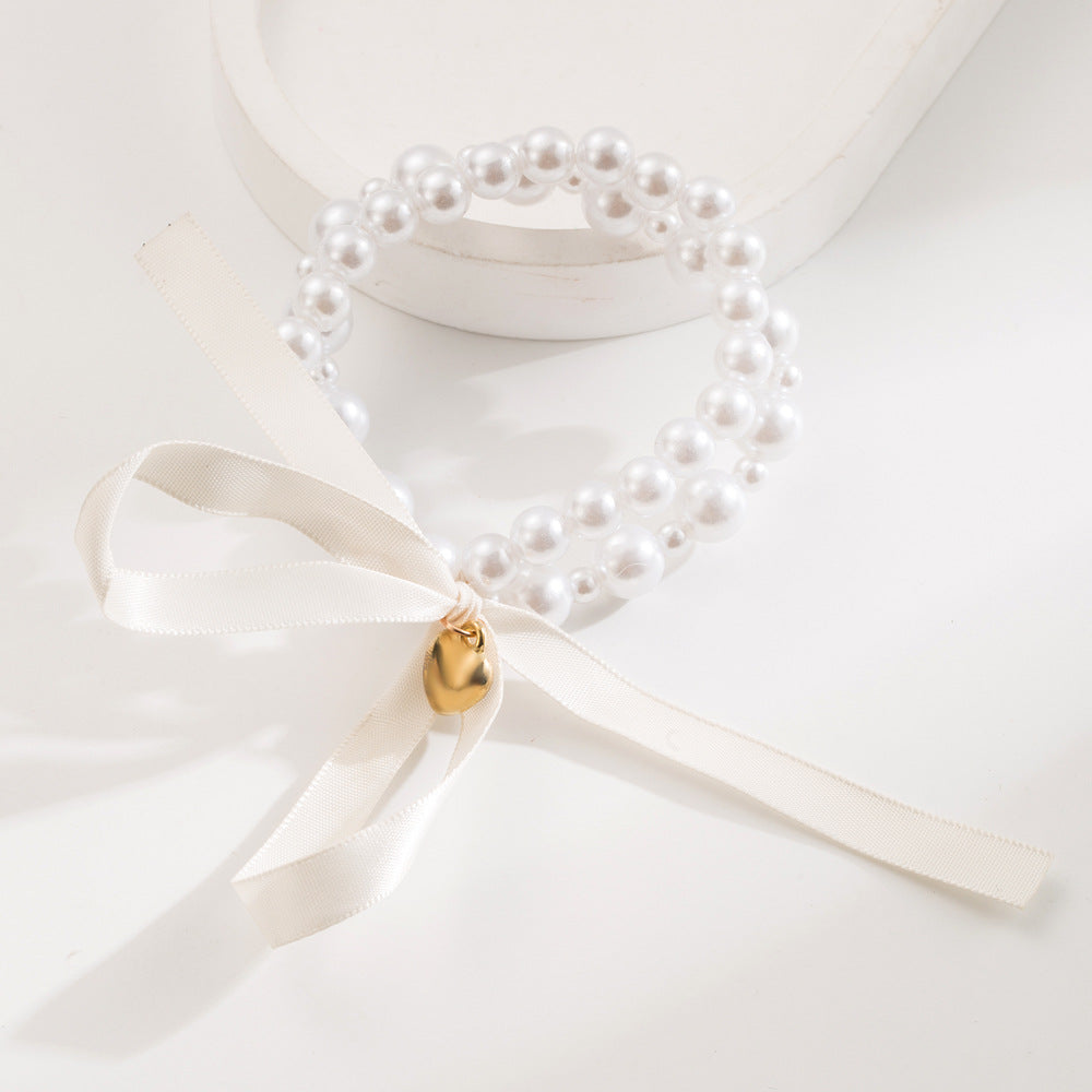 New Style Heart Shape Elastic Hair Tie For Women With Artificial Pearl In Natural Pink, Perfect For Summer