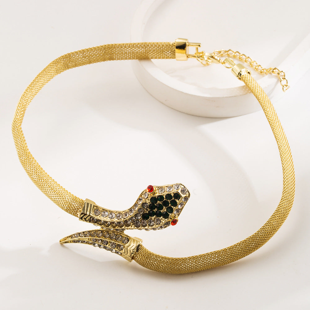 Exaggerated Gold Snake Necklace For Unisex Featuring Rhinestone Pendant On Snake Chain Alloy Material