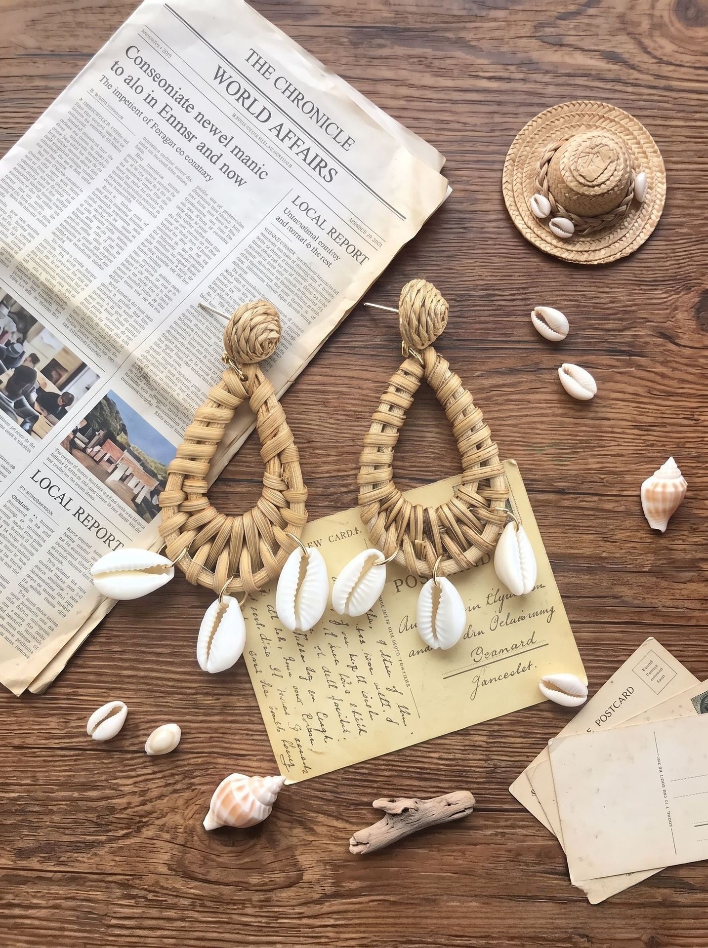 Handmade Ethnic Style Raffia Shell Earrings With 304 Stainless Steel Studs For Women In Coffer Color