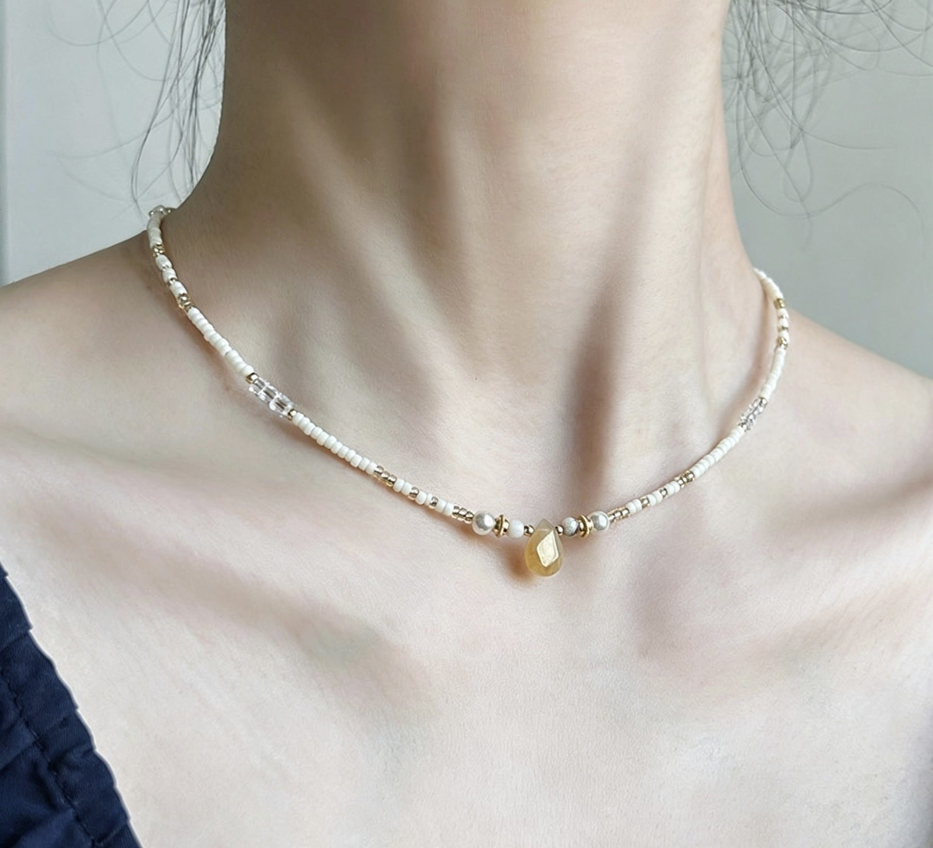 Bohemian Geometric Necklace For Women With Beaded Chain Featuring Freshwater Pearl Inlay And Mixed Materials
