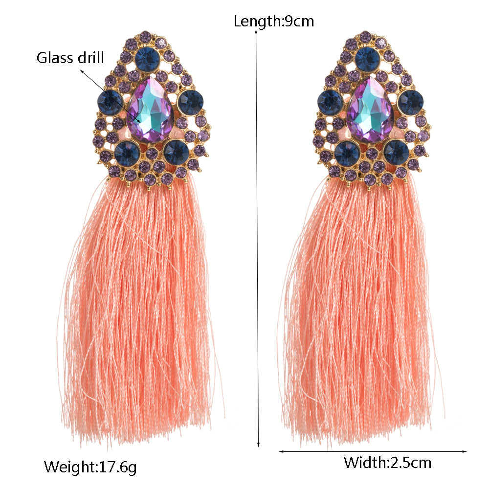 Bohemian Tassel Earrings For Women In Natural Pink Alloy With Rhinestone Inlay
