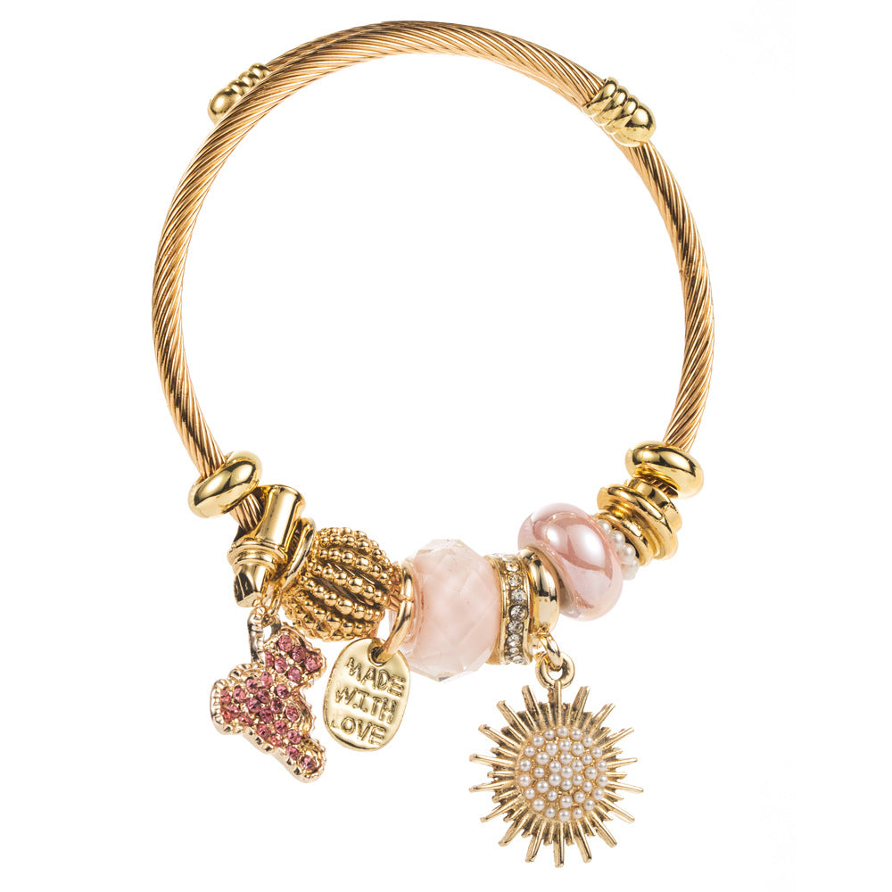 Bear Beading Wristband In Natural Pink With Rhinestones, Unisex Titanium Steel Bracelet
