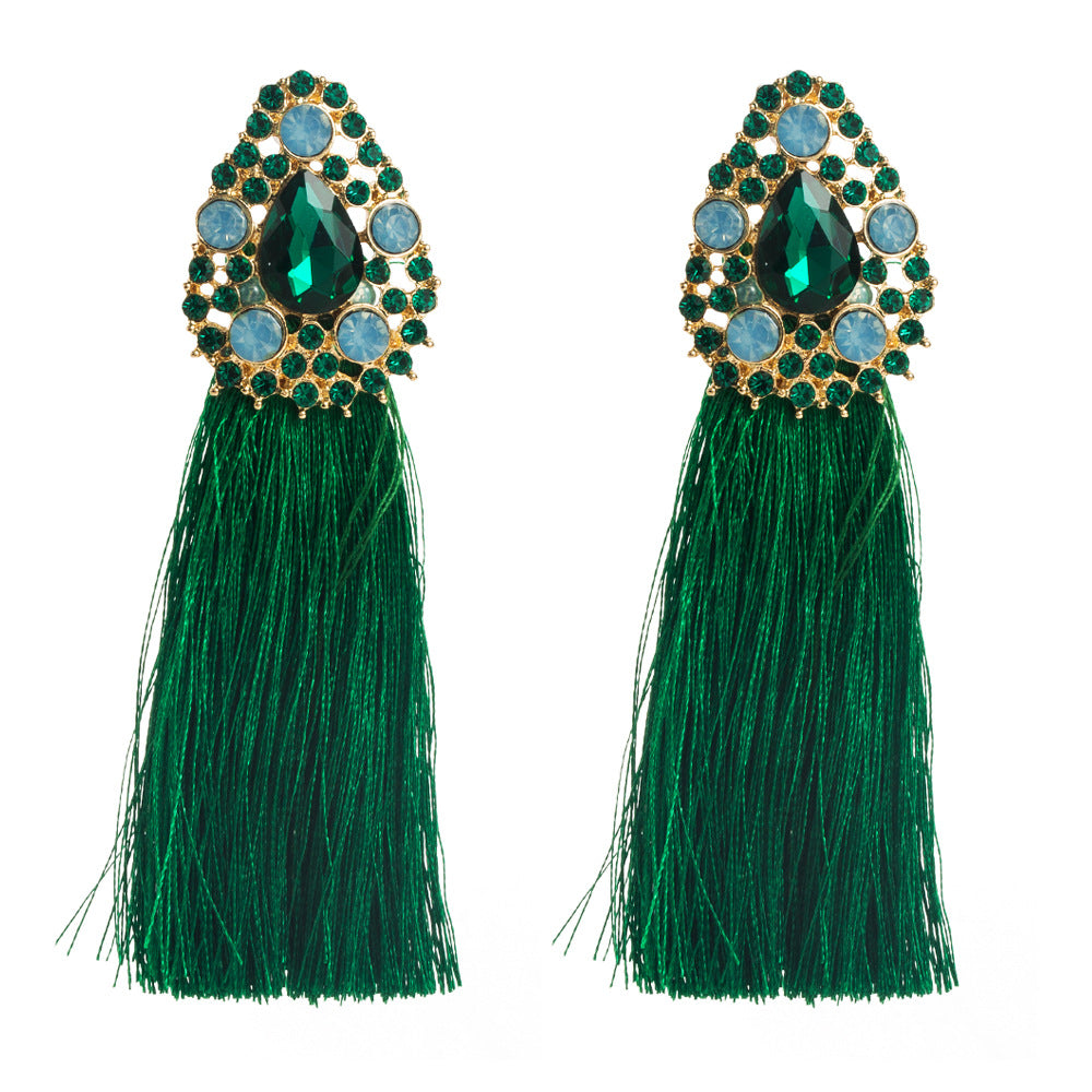Bohemian Tassel Earrings For Women In Natural Pink Alloy With Rhinestone Inlay