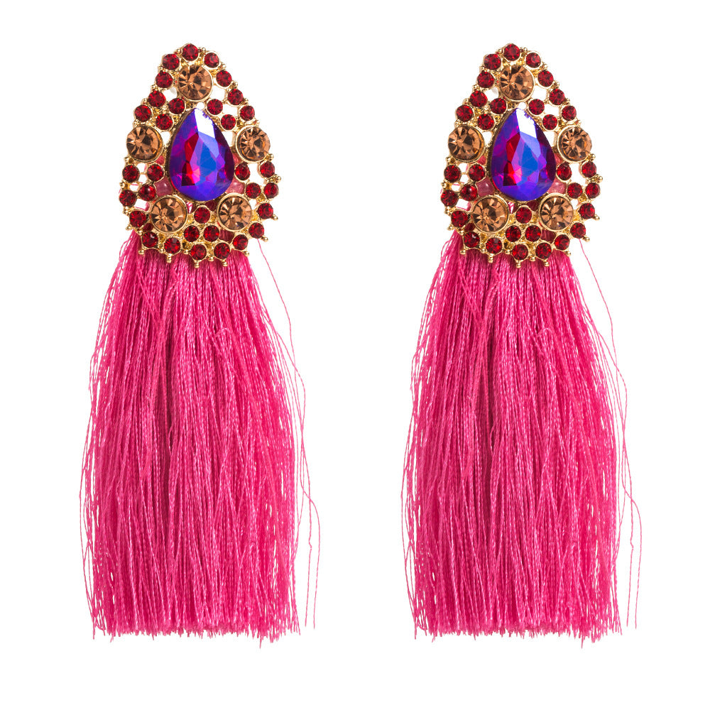 Bohemian Tassel Earrings For Women In Natural Pink Alloy With Rhinestone Inlay