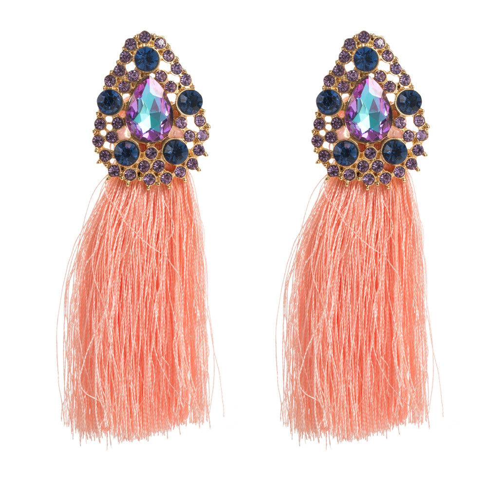 Bohemian Tassel Earrings For Women In Natural Pink Alloy With Rhinestone Inlay