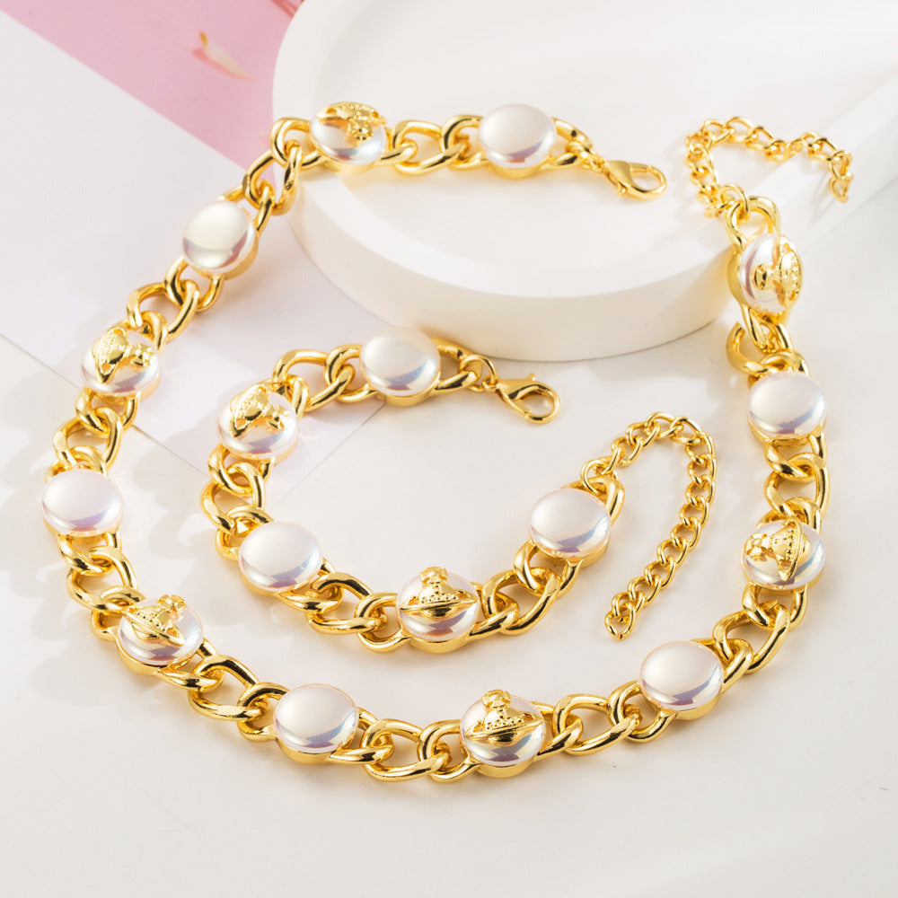 Hip-Hop Pearl Necklace For Women With Titanium Steel Chain And Pendant, Durable And Stylish Jewelry