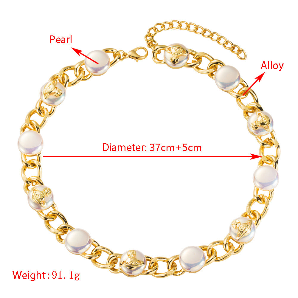 Hip-Hop Pearl Necklace For Women With Titanium Steel Chain And Pendant, Durable And Stylish Jewelry