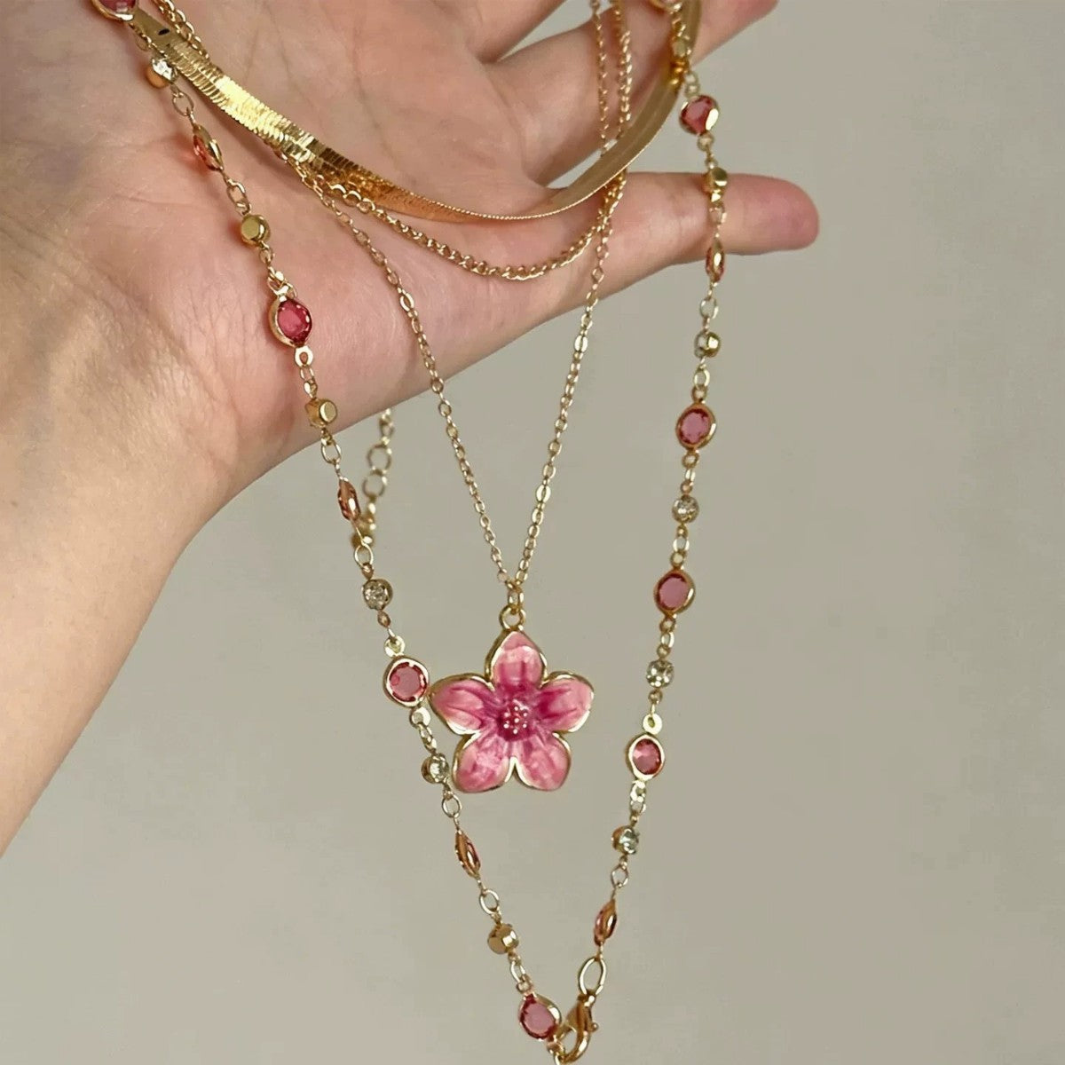 Natural Pink Flowers Layered Necklaces For Women, Electroplated Alloy With Crystal Inlay Pendant