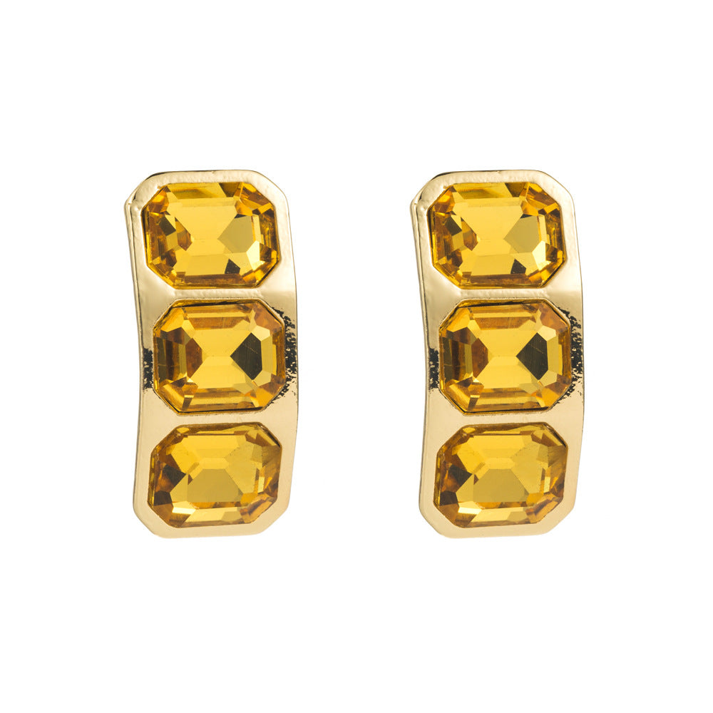 Exaggerated Yellow Alloy Earrings With Rhinestones, Featuring 925 Sterling Silver Ear Pins For Women