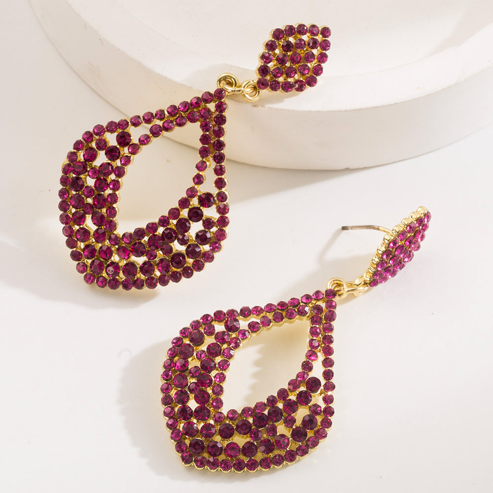 Geometric Exaggerated Earrings For Women In Rose Red Alloy With Rhinestones Inlay