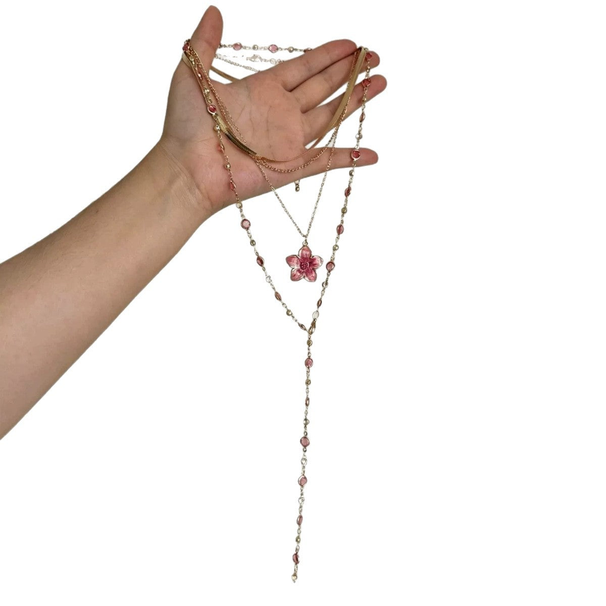 Natural Pink Flowers Layered Necklaces For Women, Electroplated Alloy With Crystal Inlay Pendant