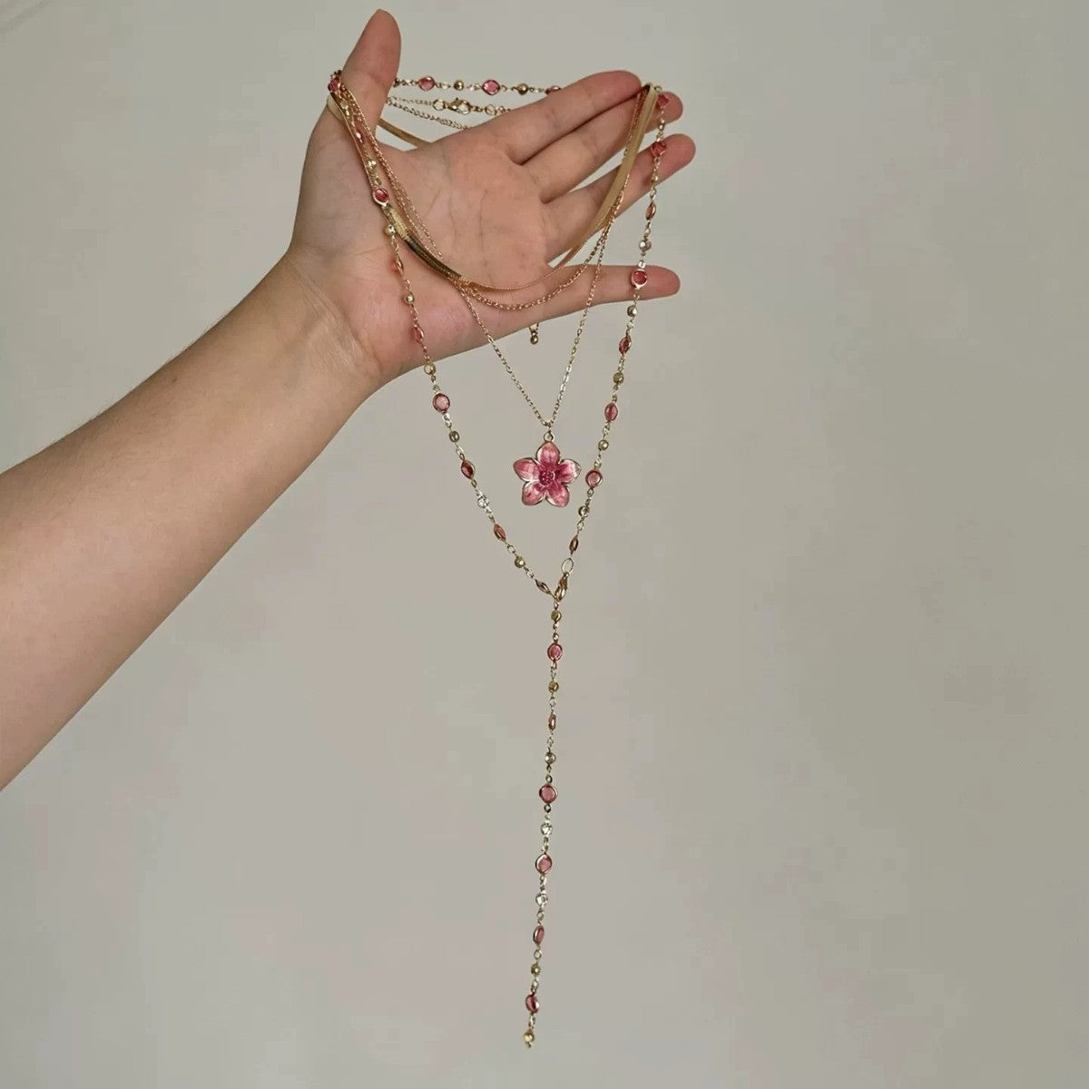 Natural Pink Flowers Layered Necklaces For Women, Electroplated Alloy With Crystal Inlay Pendant