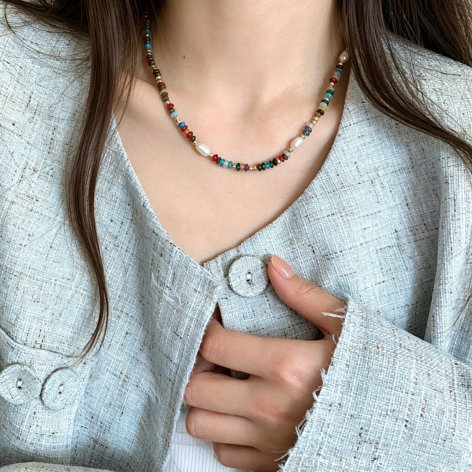 Freshwater Pearl Beaded Necklace For Women With Real Gold Plated Beaded Chain In Colour