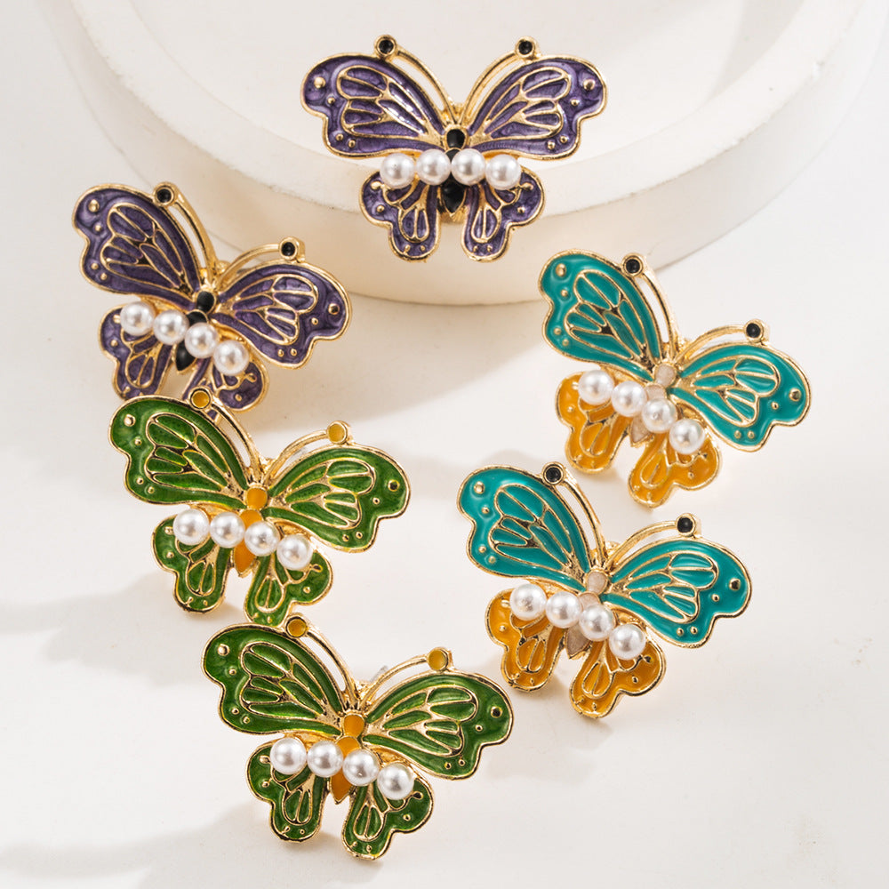Butterfly Enamel Stud Earrings For Women In Purple Alloy