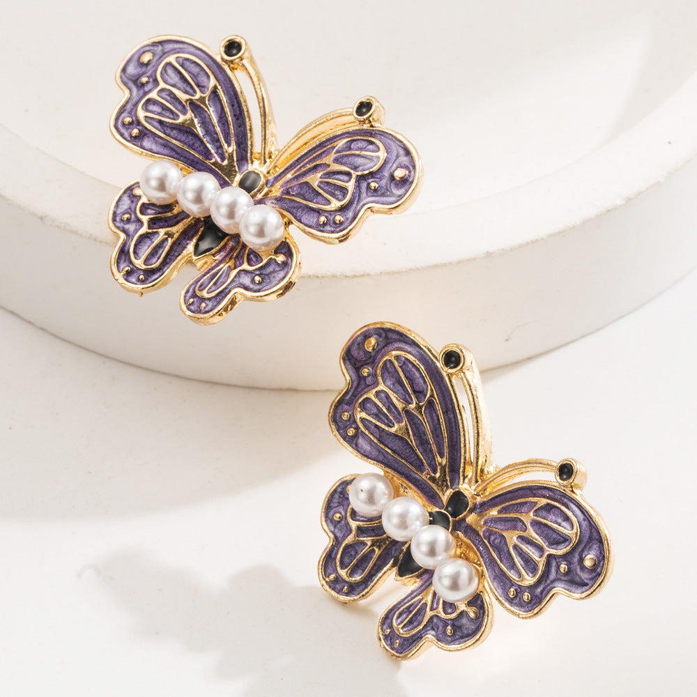Butterfly Enamel Stud Earrings For Women In Purple Alloy