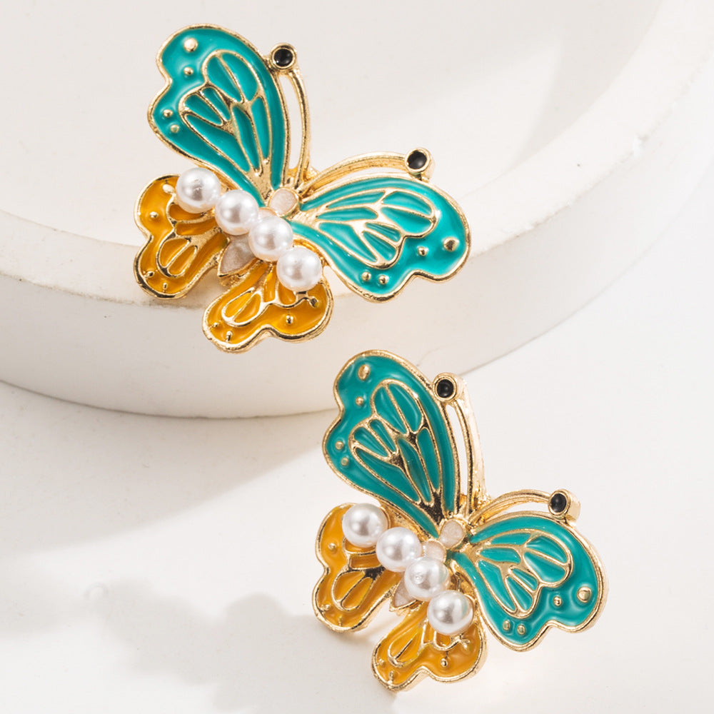Butterfly Enamel Stud Earrings For Women In Purple Alloy