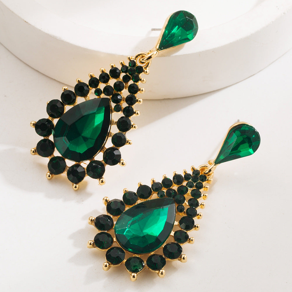 Exaggerated Water Droplets Stud Earrings For Women In Green Alloy With Rhinestone Inlay