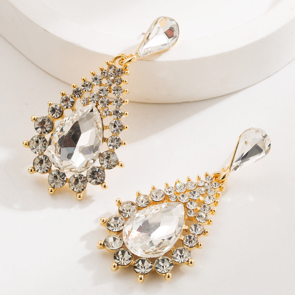 Exaggerated Water Droplets Stud Earrings For Women In Green Alloy With Rhinestone Inlay