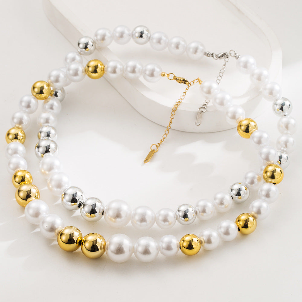 Elegant Gold Pearl Beading Necklace For Women In Titanium Steel With Zircon Inlay And Beaded Chain