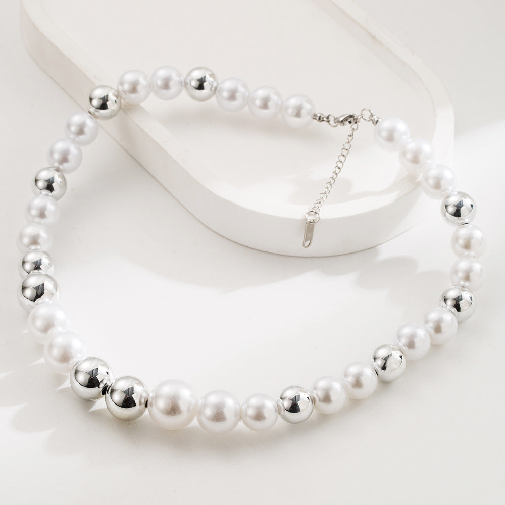 Elegant Gold Pearl Beading Necklace For Women In Titanium Steel With Zircon Inlay And Beaded Chain
