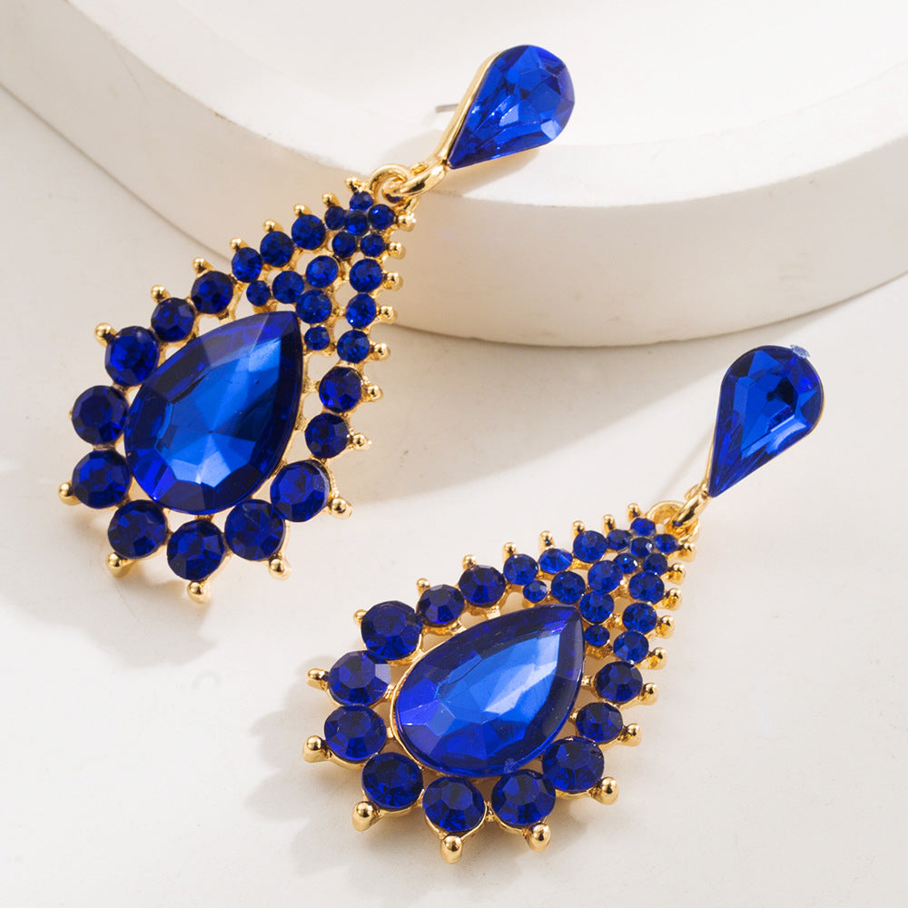 Exaggerated Water Droplets Stud Earrings For Women In Green Alloy With Rhinestone Inlay