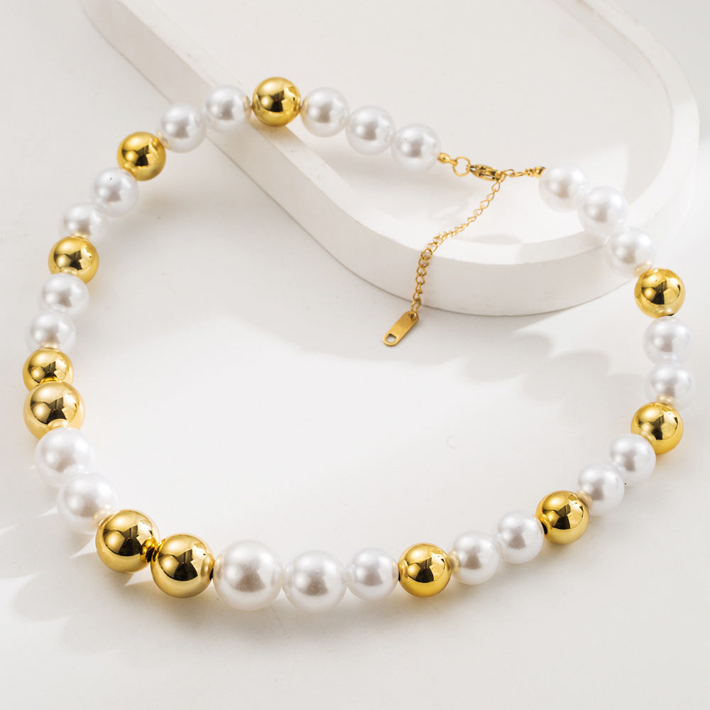 Elegant Gold Pearl Beading Necklace For Women In Titanium Steel With Zircon Inlay And Beaded Chain