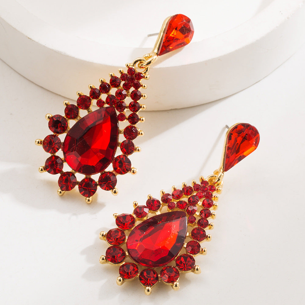 Exaggerated Water Droplets Stud Earrings For Women In Green Alloy With Rhinestone Inlay