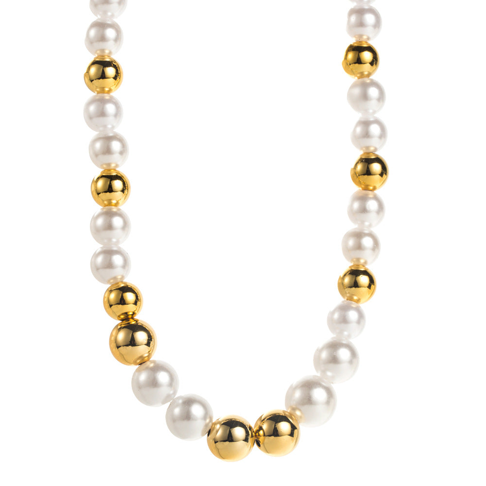 Elegant Gold Pearl Beading Necklace For Women In Titanium Steel With Zircon Inlay And Beaded Chain