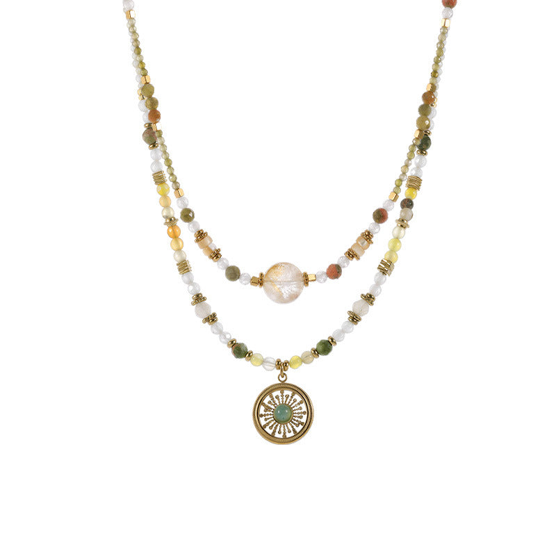 Sweet Geometric Necklace For Women With Agate Inlay And Titanium Steel Pendant, Featuring Beading Craft On Beaded Chain