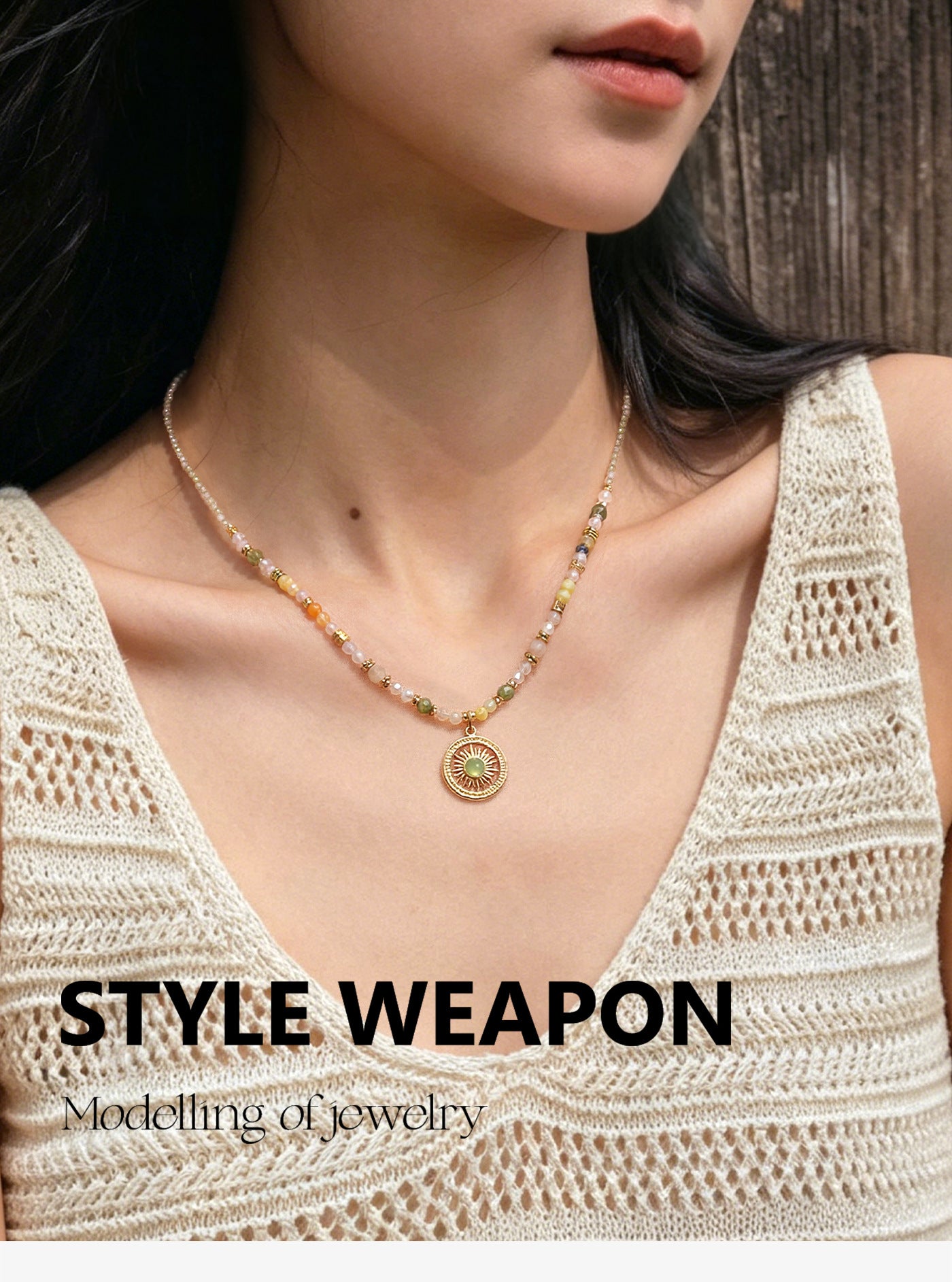 Sweet Geometric Necklace For Women With Agate Inlay And Titanium Steel Pendant, Featuring Beading Craft On Beaded Chain