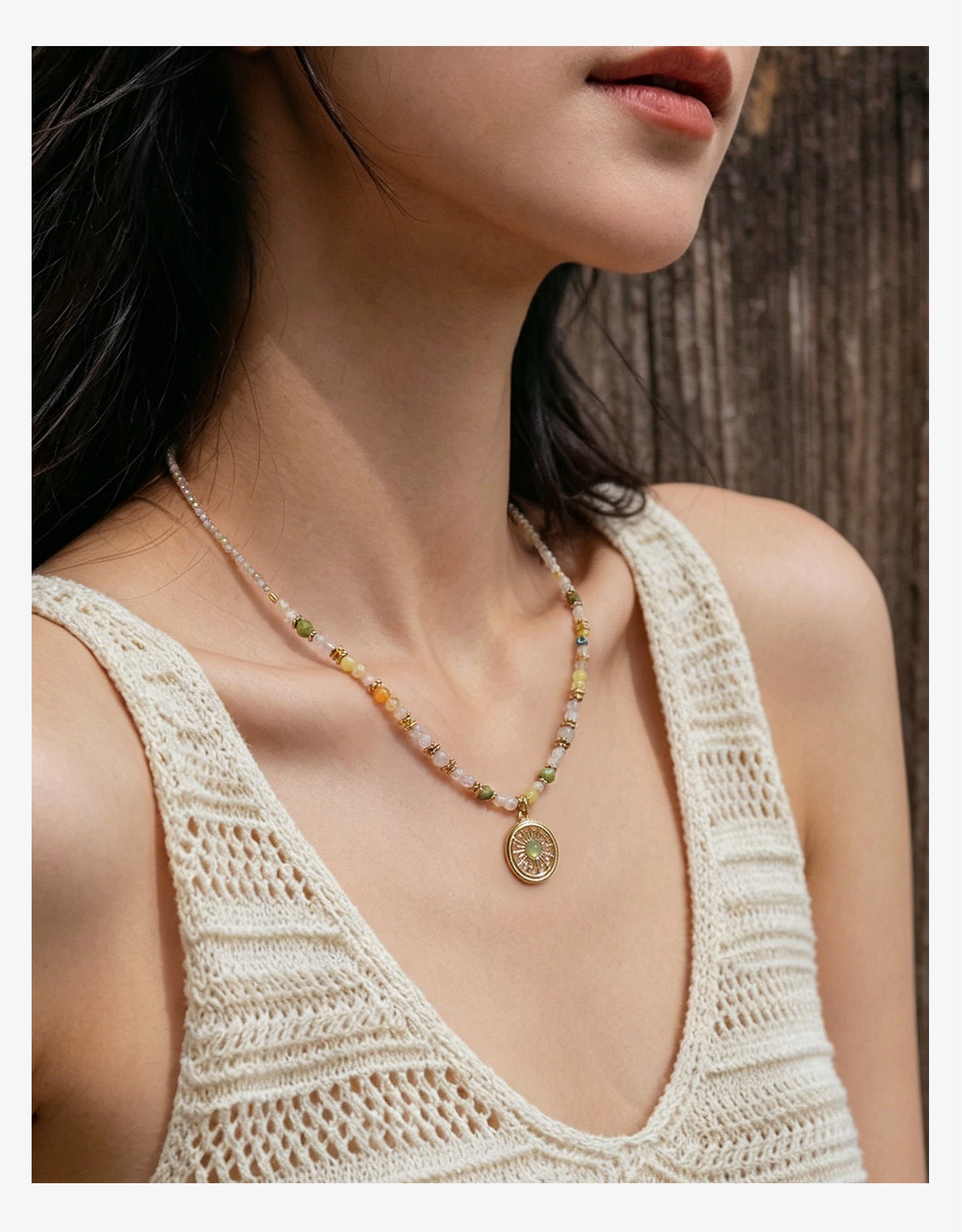 Sweet Geometric Necklace For Women With Agate Inlay And Titanium Steel Pendant, Featuring Beading Craft On Beaded Chain