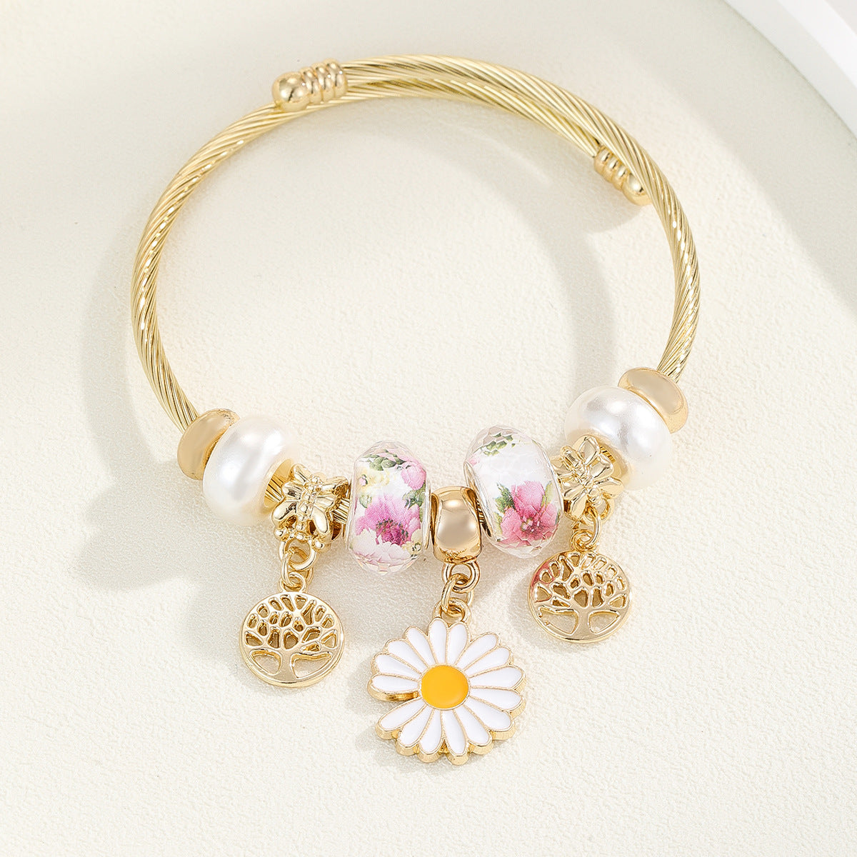 Basic Flowers Stainless Steel Bangle For Women In Rose Red, Elegant Bracelet Accessory
