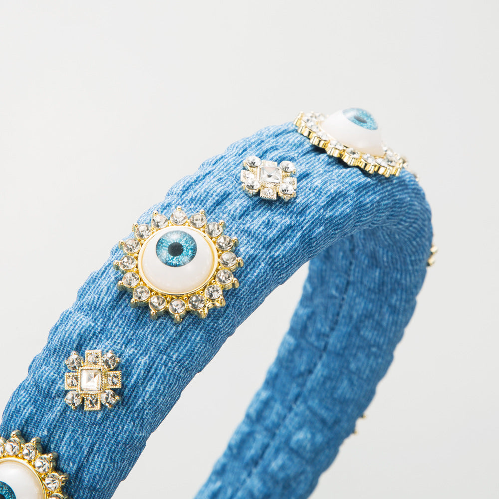 Devil's Eye Jewelry Headband For Women In Streetwear Style, Alloy Material With Light Blue Rhinestones