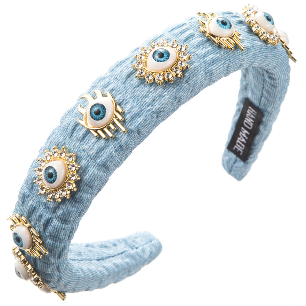 Devil's Eye Jewelry Headband For Women In Streetwear Style, Alloy Material With Light Blue Rhinestones