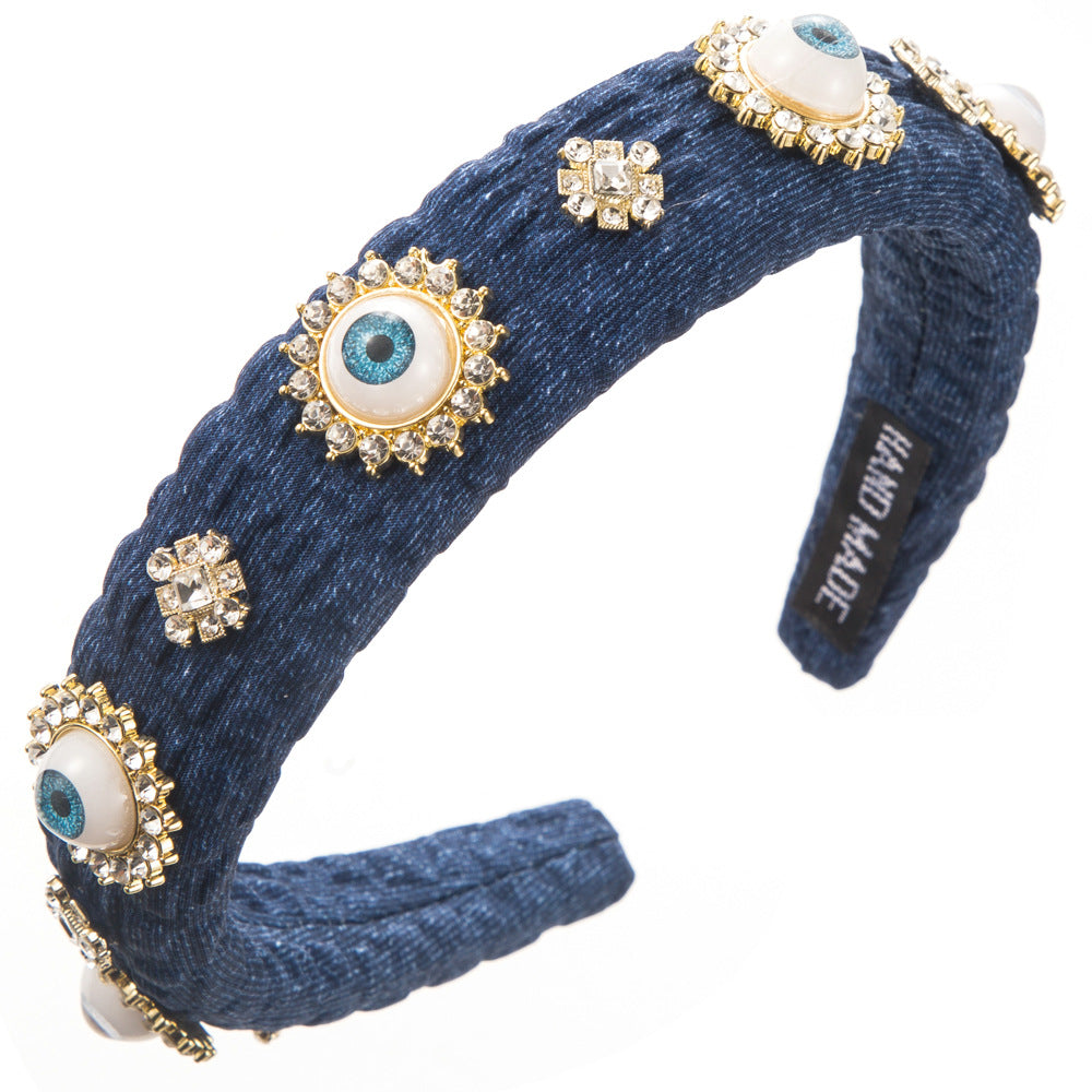 Devil's Eye Jewelry Headband For Women In Streetwear Style, Alloy Material With Light Blue Rhinestones