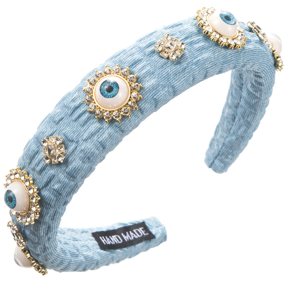 Devil's Eye Jewelry Headband For Women In Streetwear Style, Alloy Material With Light Blue Rhinestones