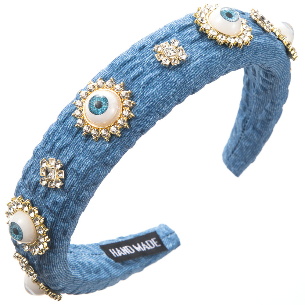 Devil's Eye Jewelry Headband For Women In Streetwear Style, Alloy Material With Light Blue Rhinestones
