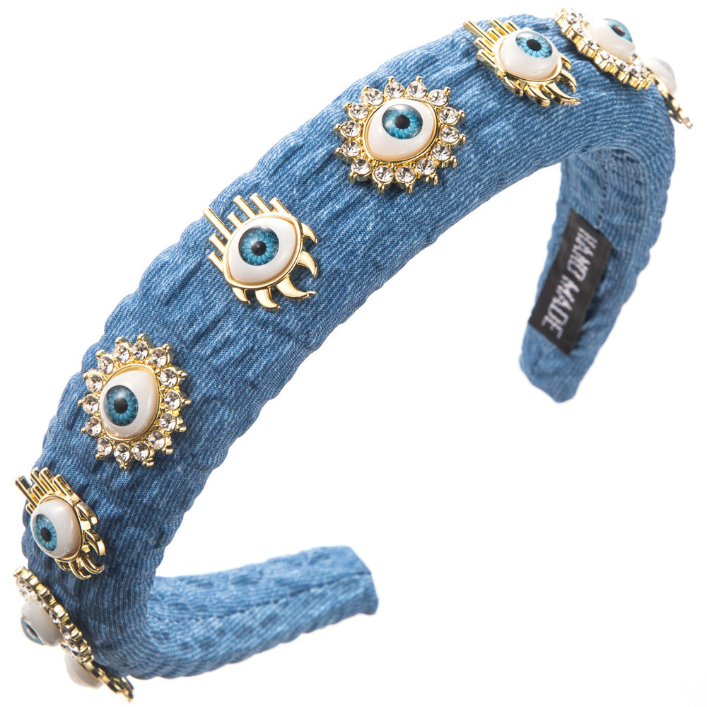 Devil's Eye Jewelry Headband For Women In Streetwear Style, Alloy Material With Light Blue Rhinestones