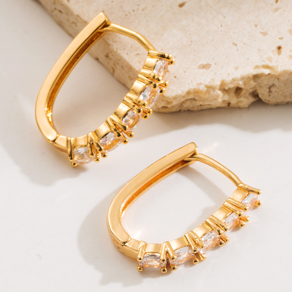 Elaborate U Shape Hoop Earrings For Women In Gold Copper With Zircon Inlay