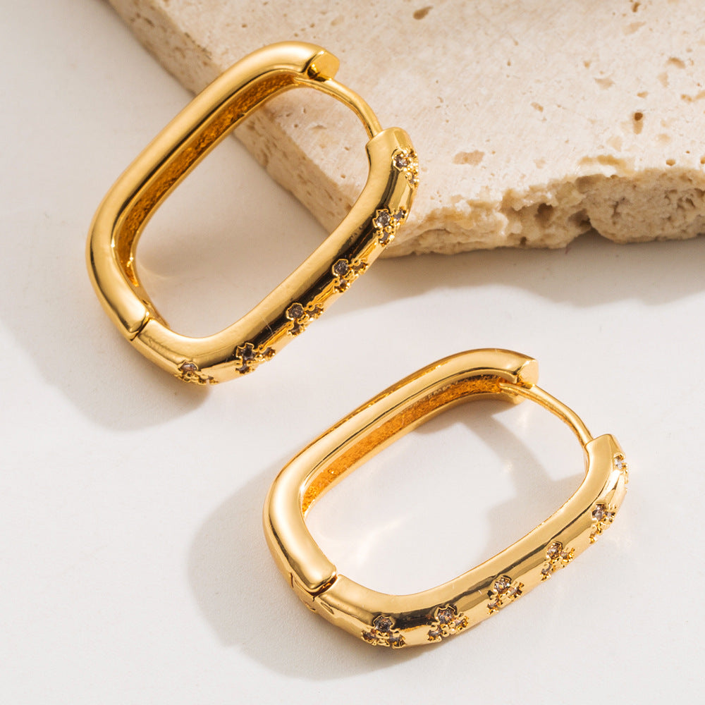Elaborate U Shape Hoop Earrings For Women In Gold Copper With Zircon Inlay