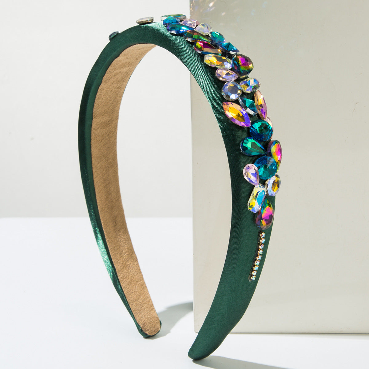 Glam Irregular Jewelry Headband For Women In Green Cloth With Glass Inlay