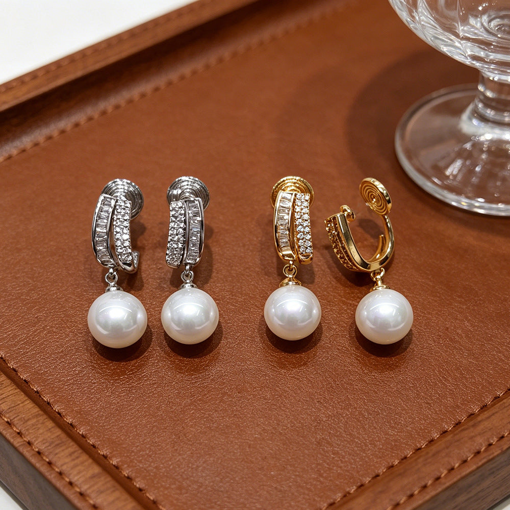 Geometric Copper Clip Earrings For Women With Artificial Pearl Inlay In Gold