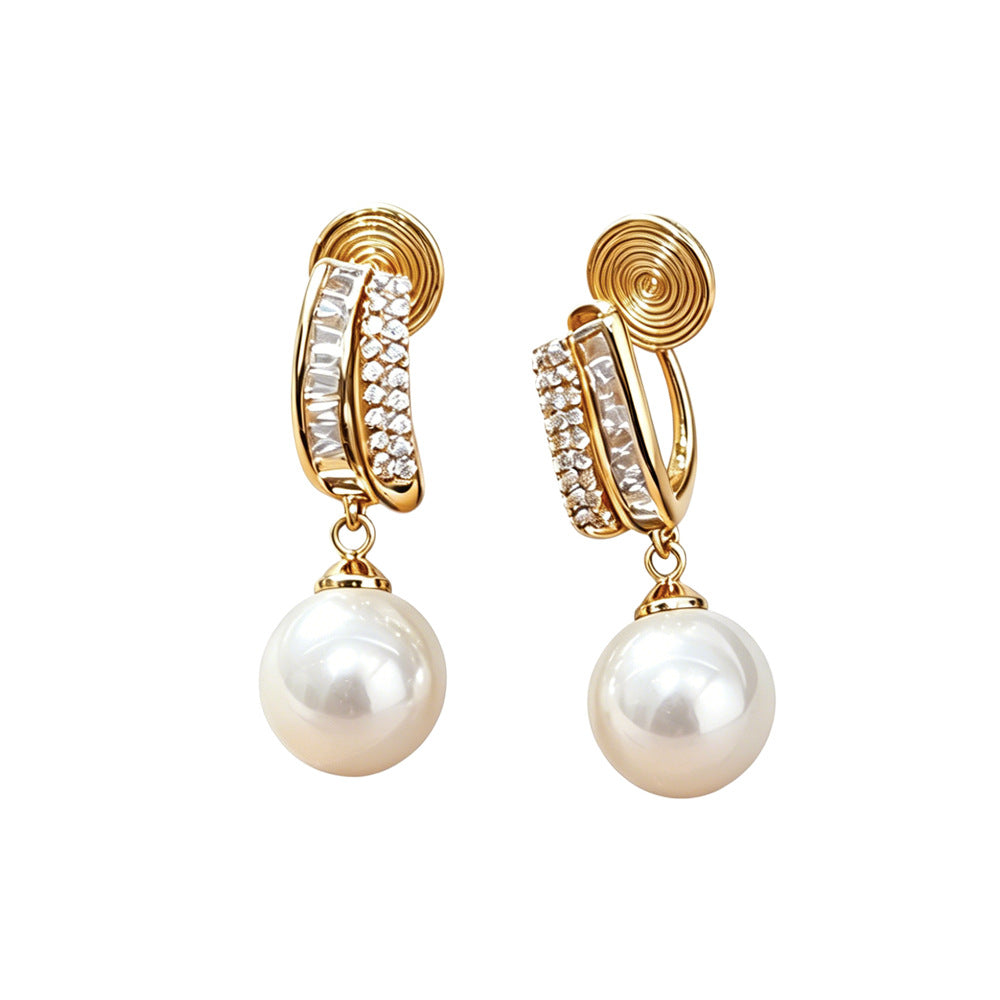 Geometric Copper Clip Earrings For Women With Artificial Pearl Inlay In Gold