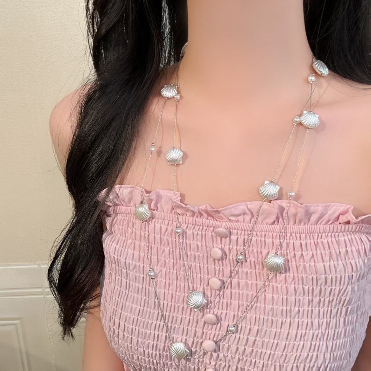 Double Layer Marine Style Shell Necklace For Women Featuring Electroplated Craftsmanship With Imitation Pearl Pendant